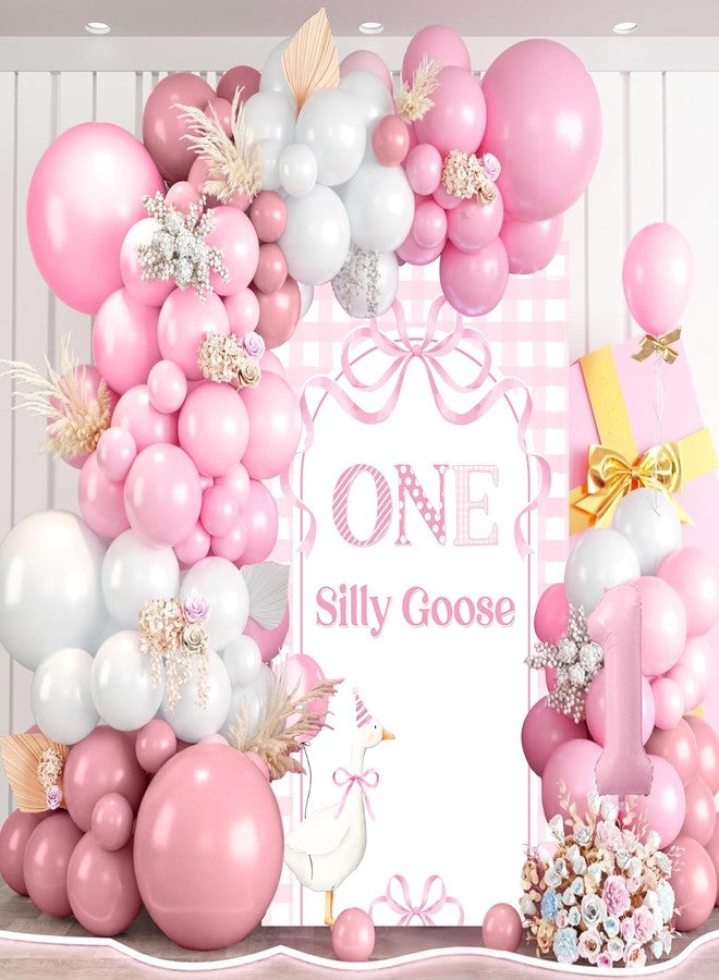 ميهوفوند مجموعة قوس بالونات عيد الميلاد الأول للبنات من MEHOFOND بتصميم أوزة وردية بنقشة مربعات، مع خلفية، 106 قطعة - Image 1